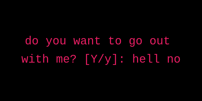 confirm prompt asking ‘do you want to go out with me [Y/y]’ responded ‘hell no’